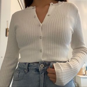 white ribbed snap-button cardigan top